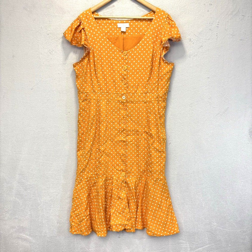 Rachel Parcell Linen Blend Button Up Midi Dress Polka Dot Fit Flare XXL Orange